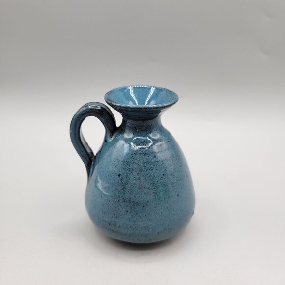 Handmade Blue Pottery Mini Jug Vase With Handle Artist Signed 4 Inch - Picture 3 of 9
